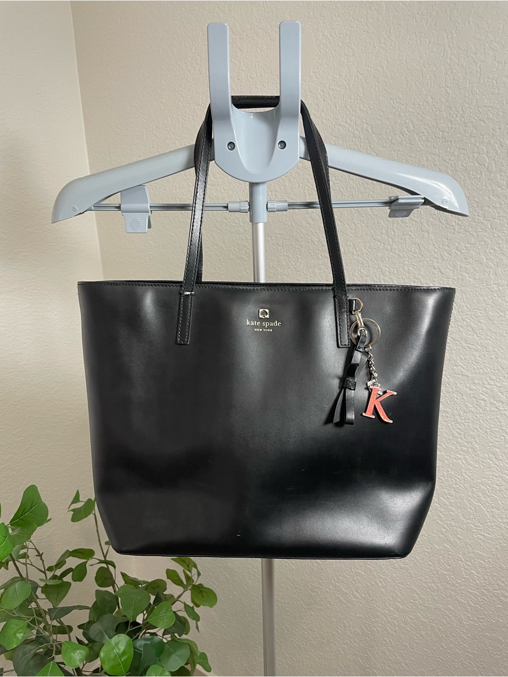kate spade New York Black Leather Tote Bag + K Initial Charm